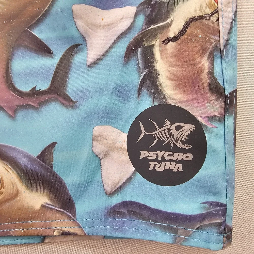 Psycho Tuna trunks swimwear mens L Large pockets PTYB0090 shark bite blue